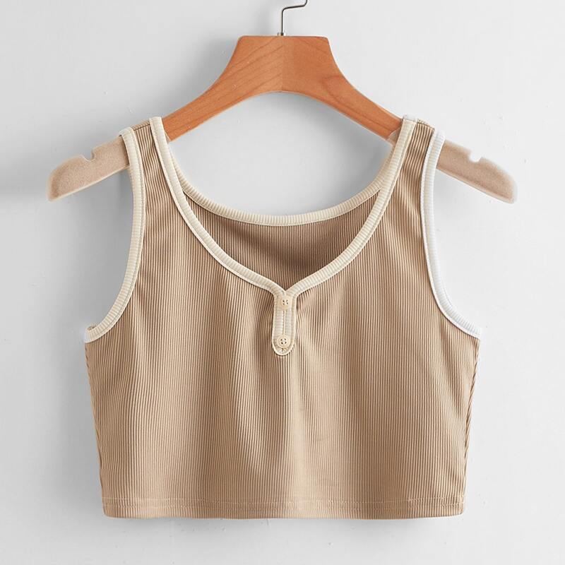 

Contrast Binding Button Ribbed Tank Top, Khaki