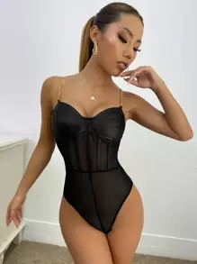Bustier Contrast Mesh Cami Bodysuit - Black - View 3