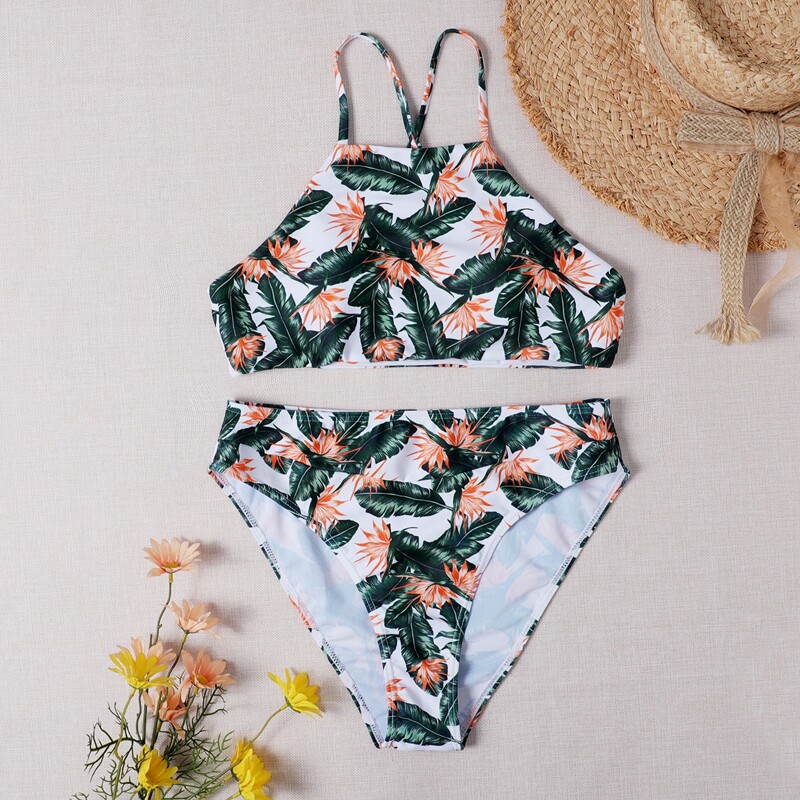

Tropical Leaf High Waist Bikini Swimsuit, Multicolor