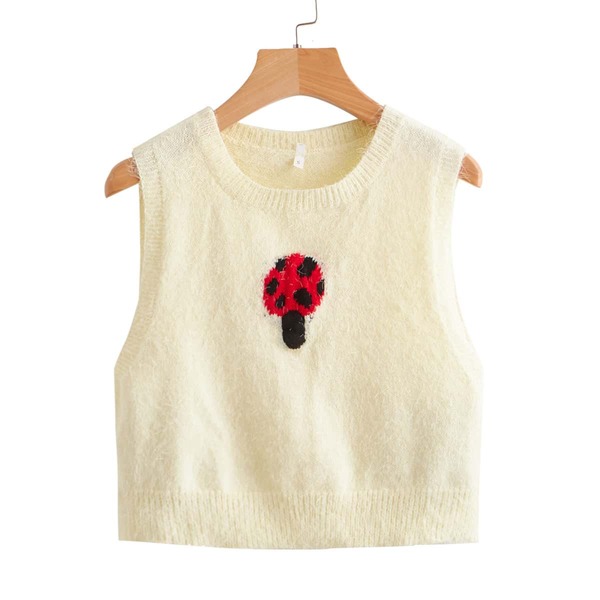 

Mushroom Pattern Fuzzy Knit Sweater Vest, Beige