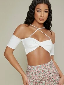 SHEIN Twisted Lettuce-Edge Strappy Crop Top - White - View 3