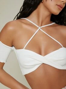 SHEIN Twisted Lettuce-Edge Strappy Crop Top - White - View 4