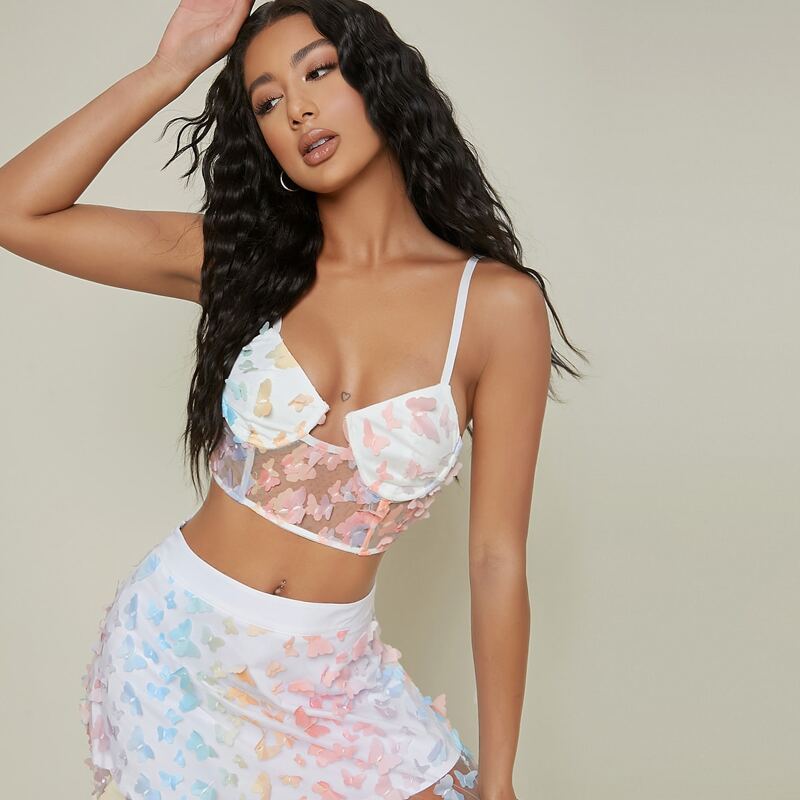 

Butterfly Appliques Sheer Mesh Cropped Cami Top, Multicolor