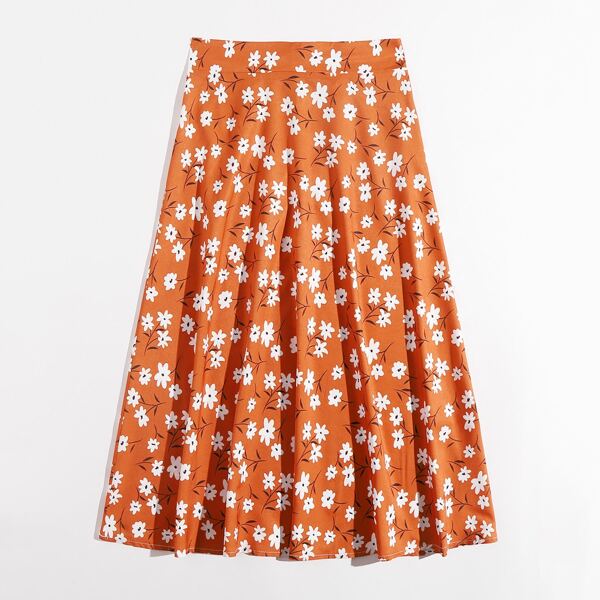 

Allover Floral Flared Skirt, Orange