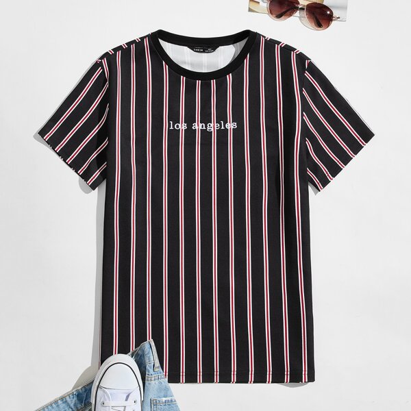 

Men Letter Embroidery Striped Print Tee, Black