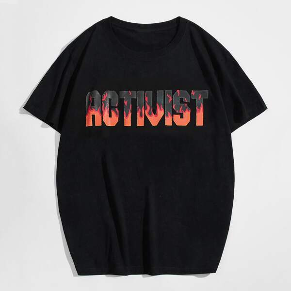 

Men Letter & Fire Print Tee, Black