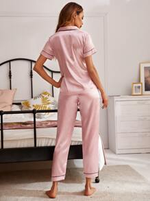 Contrast Binding Satin Night Set