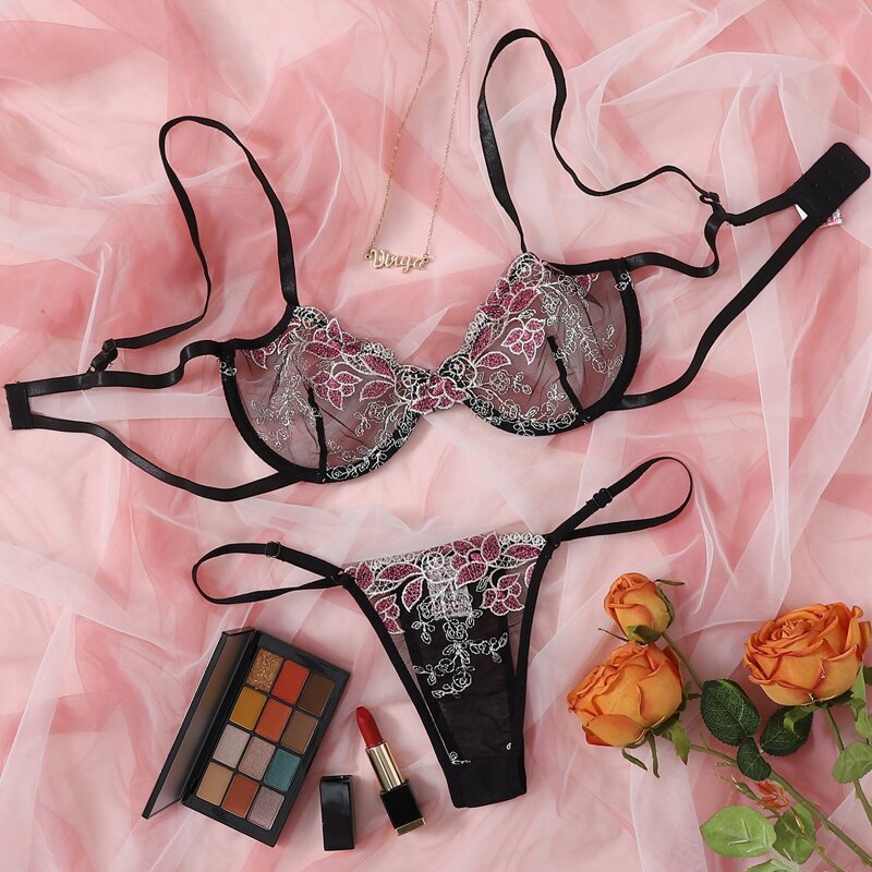

Embroidered Mesh Underwire Lingerie Set, Purple
