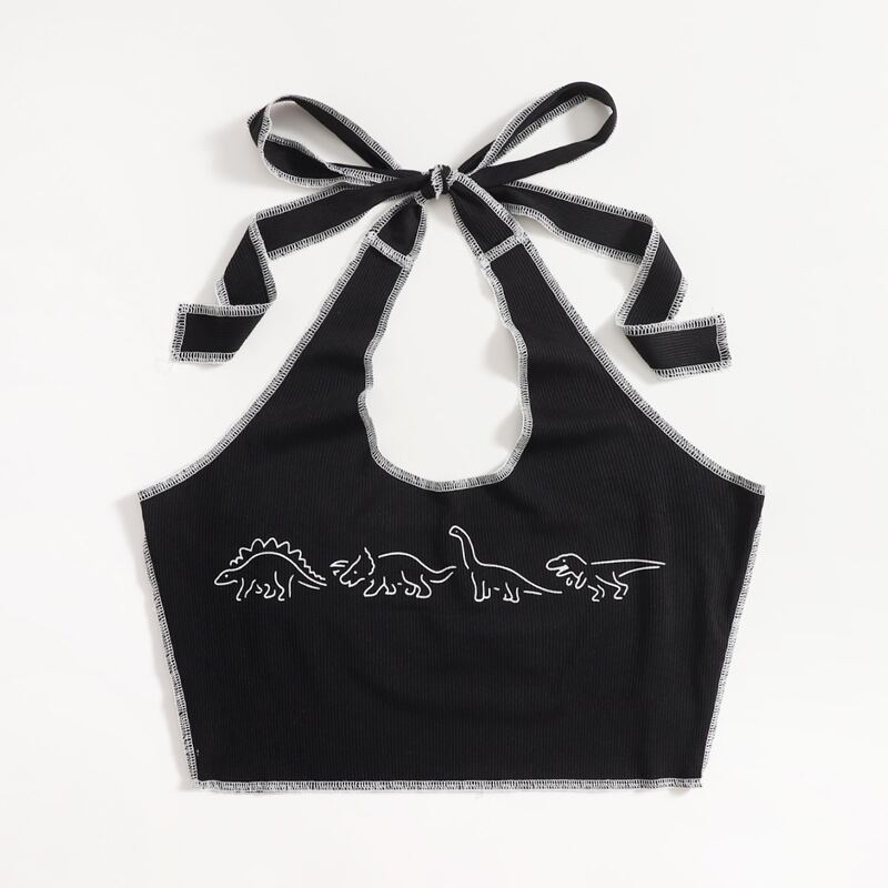 

Cartoon Dinosaur Contrast Stitching Halter Top, Black