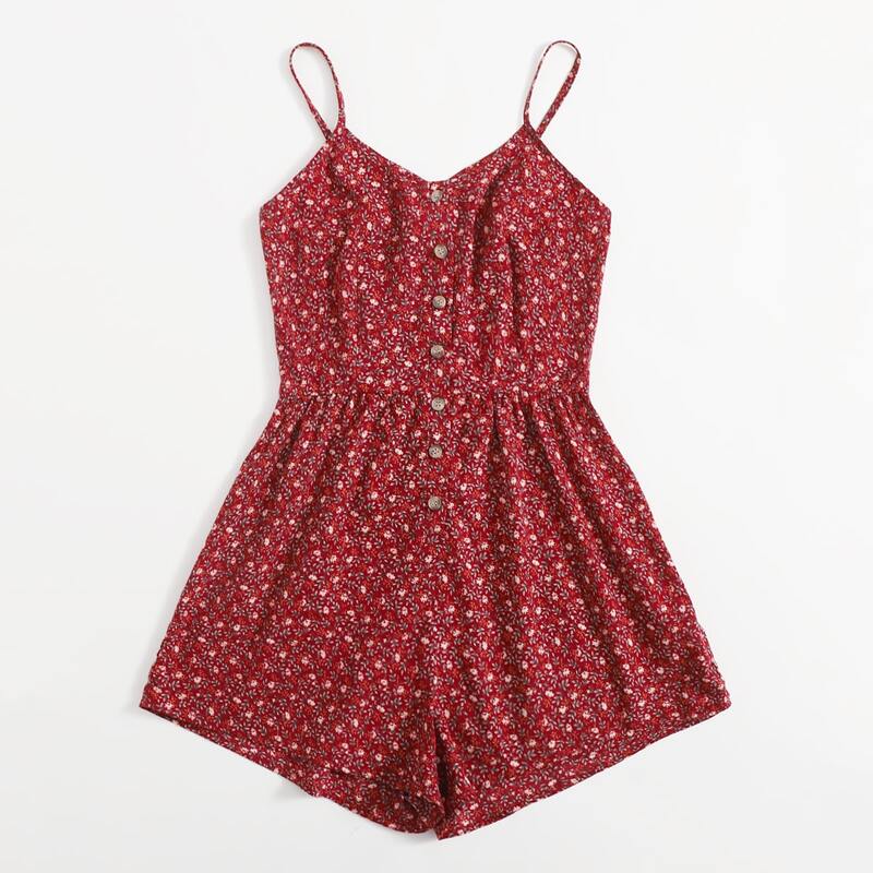 

Ditsy Floral Button Front Romper, Red