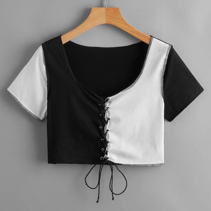 

Stitch Trim Lace Up Colorblock Crop Tee, Multicolor