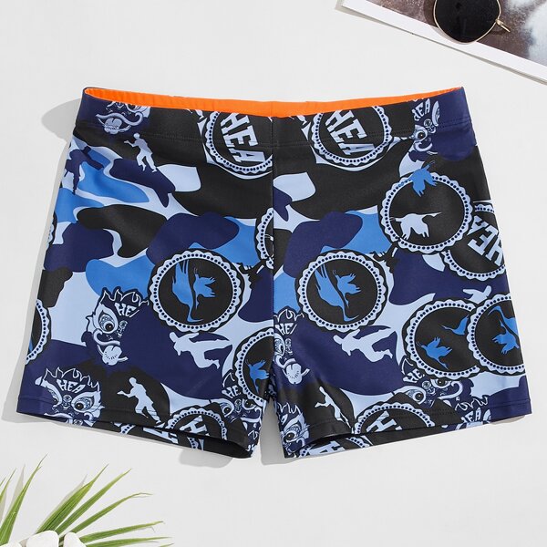 

Men Graphic Print Square Leg Swim Trunks, Multicolor
