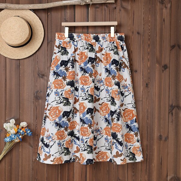 

Plus Allover Floral Print Skirt, Multicolor
