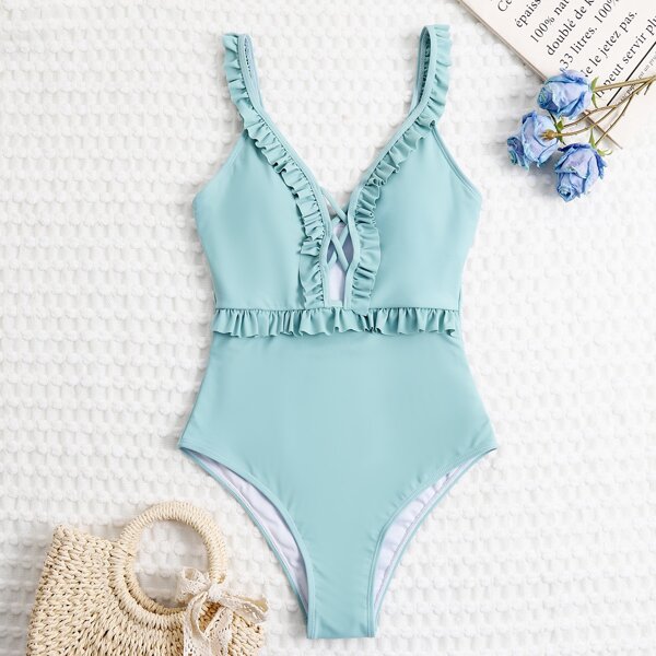 

Crisscross Frill Trim One Piece Swimsuit, Dusty blue