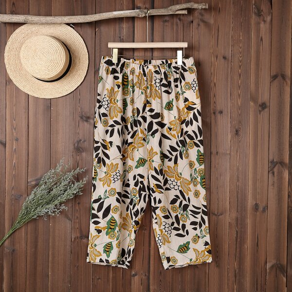 

Plus Plants Print Elastic Waist Pants, Multicolor