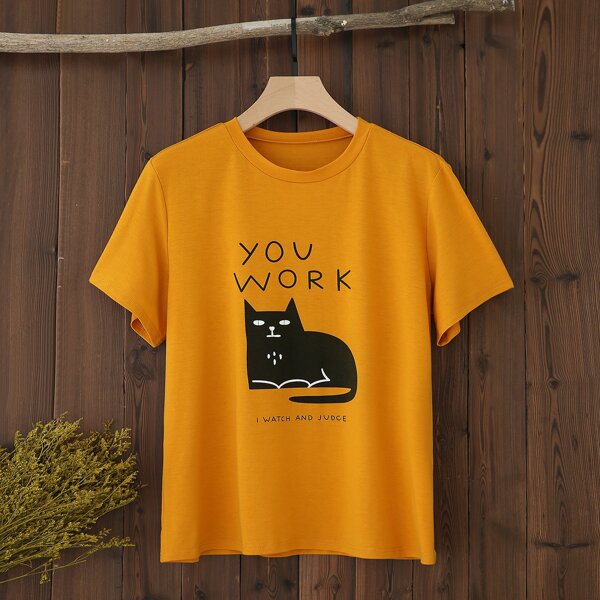 

Plus Cat & Slogan Graphic Tee, Mustard yellow