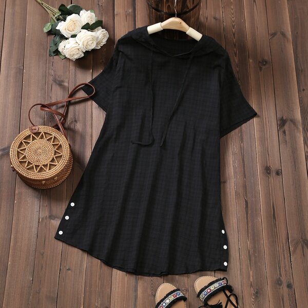 

Plus Button Side Hooded Blouse, Black