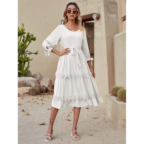 

Guipure Lace Panel Belted Dress, White