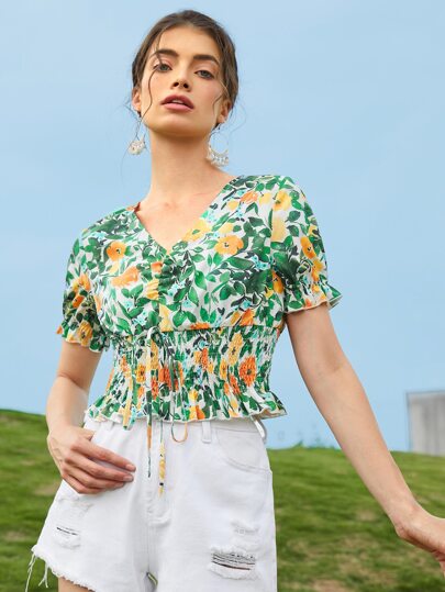 Mulvari Camisa corta bajo con fruncido de manga con volante con estampado floral