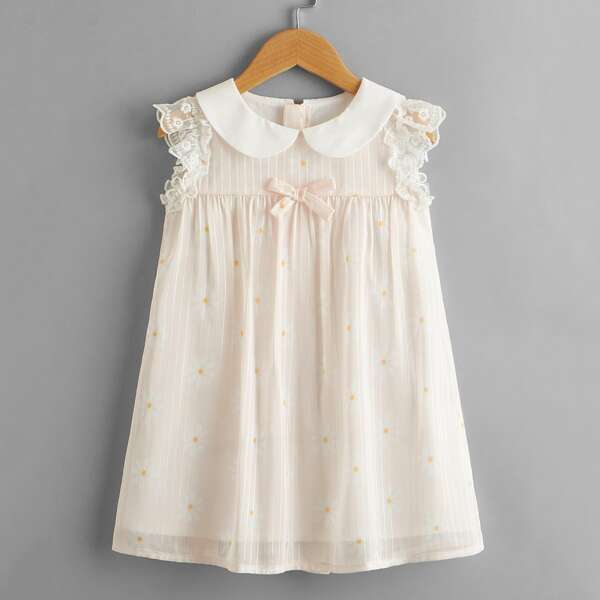

Toddler Girls Polka Dot Lace Panel Smock Dress, Baby pink