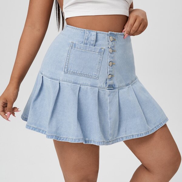 

Plus Button Front Pleated Hem Denim Skirt, Light wash
