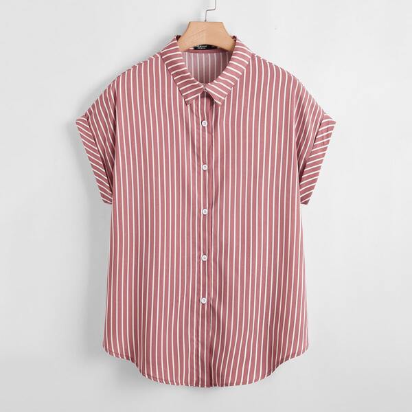 

Plus Striped Print Button Front Blouse, Dusty pink