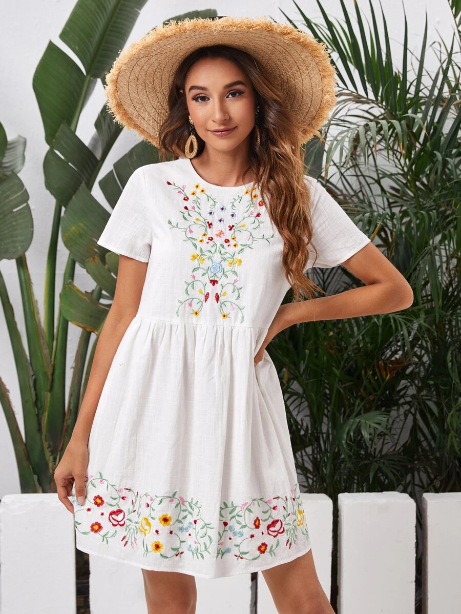 SHEIN Floral Embroidered Dress - White - View 1