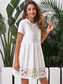 SHEIN Floral Embroidered Dress - White - View 3