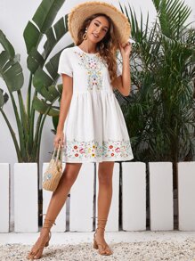 SHEIN Floral Embroidered Dress - White - View 4