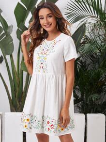 SHEIN Floral Embroidered Dress - White - View 5