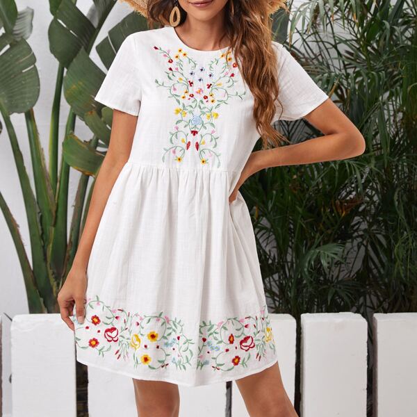 

Floral Embroidered Dress, White