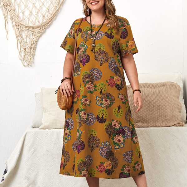 

Plus Floral Slant Pockets Tunic Dress, Multicolor