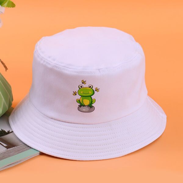 

Cartoon Frog Print Bucket Hat, White