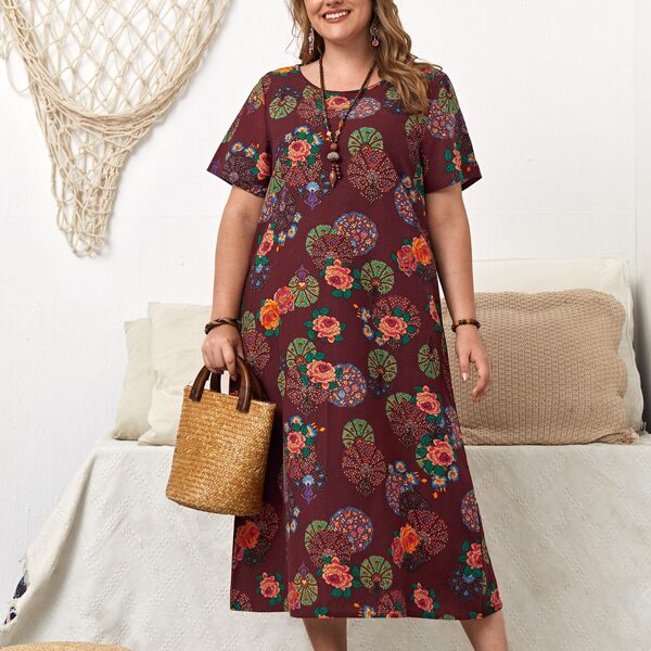 

Plus Floral Slant Pockets Tunic Dress, Multicolor