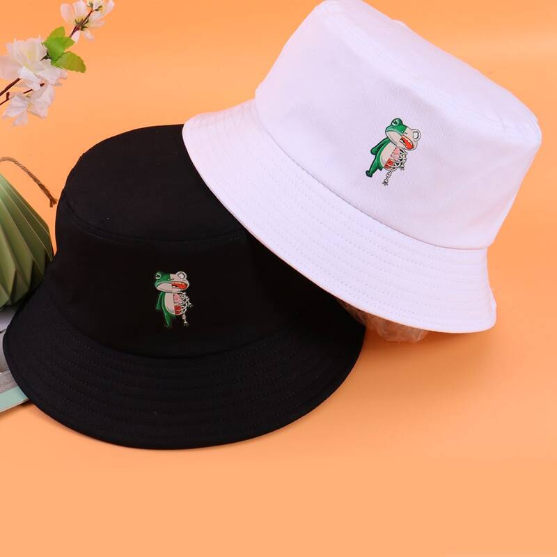 

Guys 2pcs Frog Print Bucket Hat, Black and white