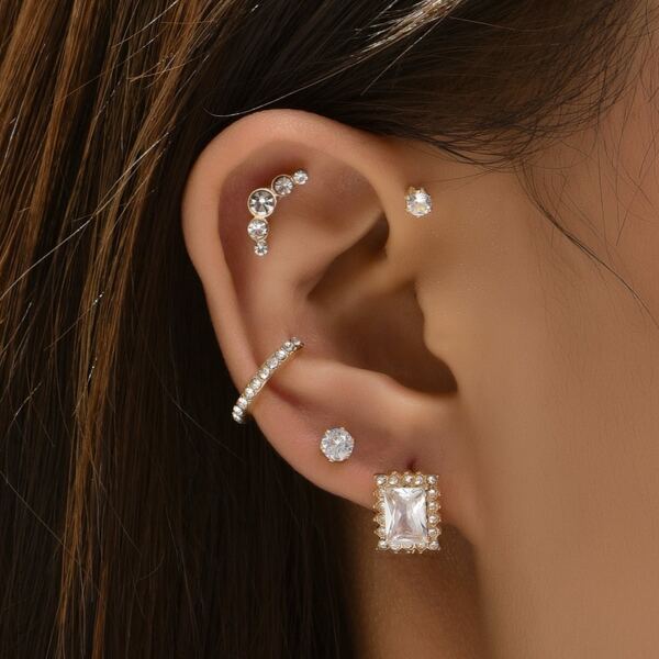 

5pcs Rhinestone Decor Earrings, Gold