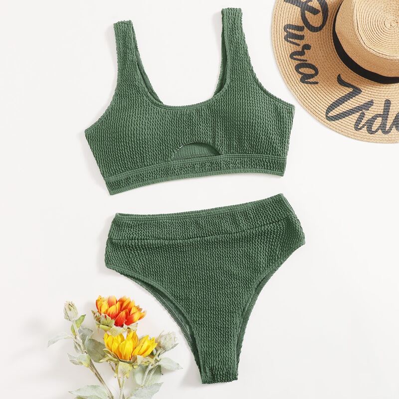 

Rib High Waisted Bikini Swimsuit, Army green
