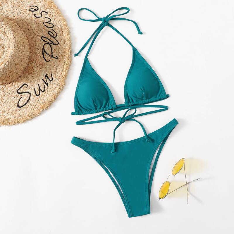 

Solid Triangle Halter Bikini Swimsuit, Teal blue