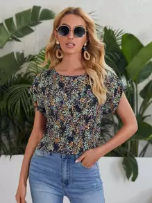 SHEIN LUNE 蝙蝠袖花卉上衣 - 彩色 - 查看 1