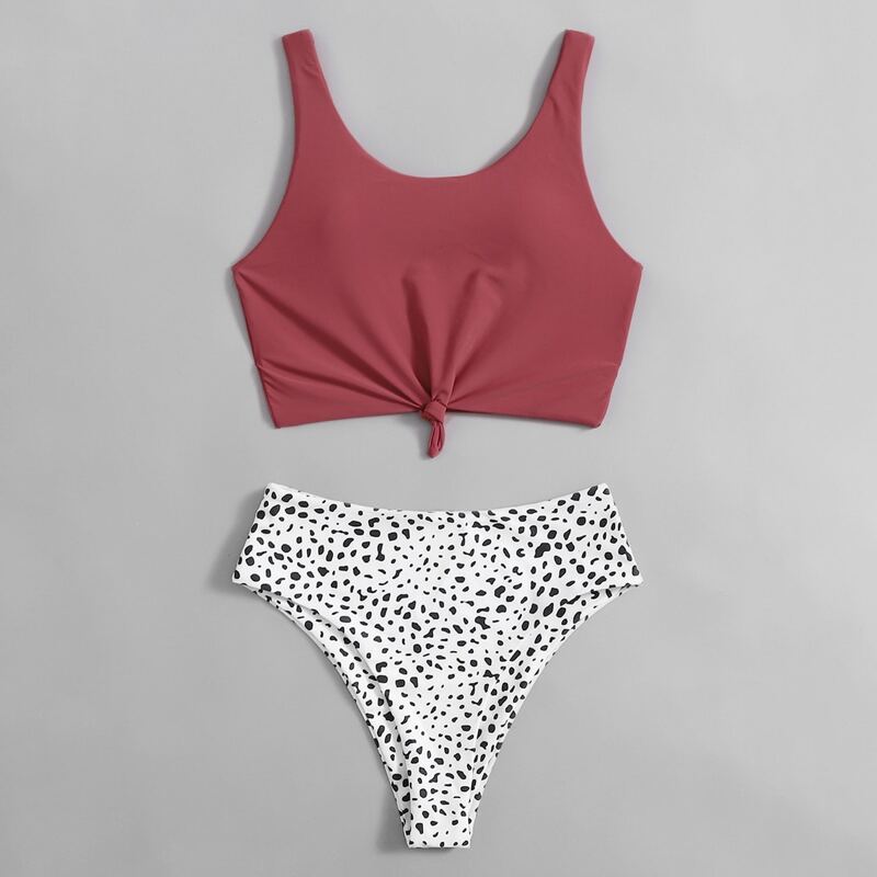 

Dalmatian Print Knot Detail Bikini Swimsuit, Multicolor