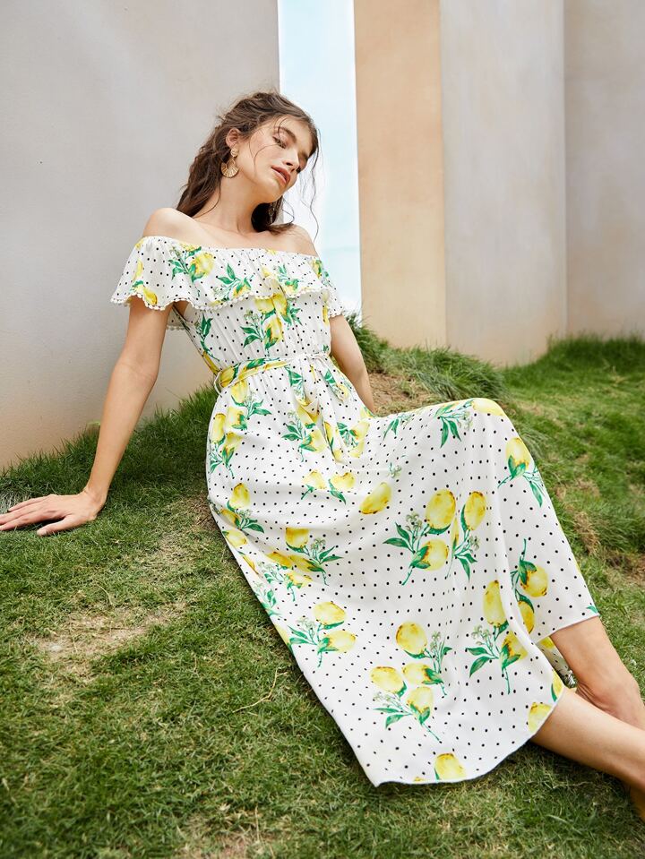 Polka Dot Lemon Print Belted Dress