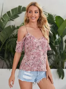 SHEIN VCAY Top floral ribete con fruncido de hombros descubiertos - Rosa vieja - Ver 3