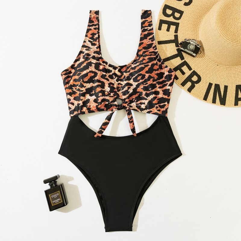 

Leopard Cut-out Knot One Piece Swimsuit, Multicolor