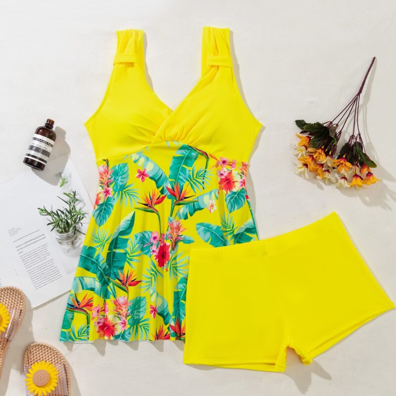 

Floral & Plant Random Print Shorts Bikini Swimsuit, Yellow