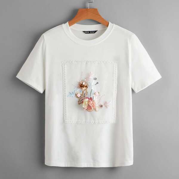 

Appliques Embroidery Contrast Sequin Tee, White