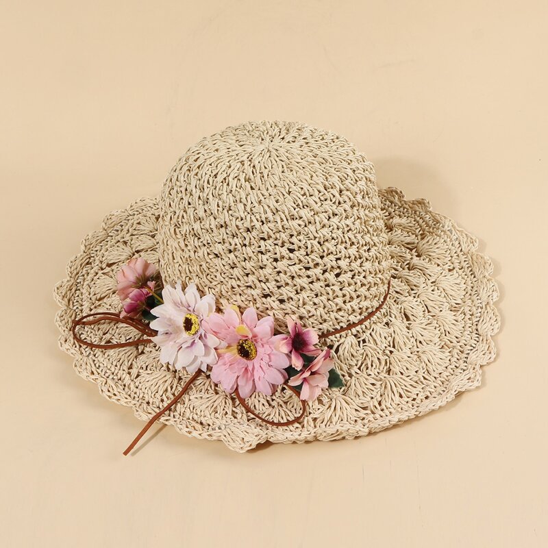

Flower Decor Straw Hat, Beige