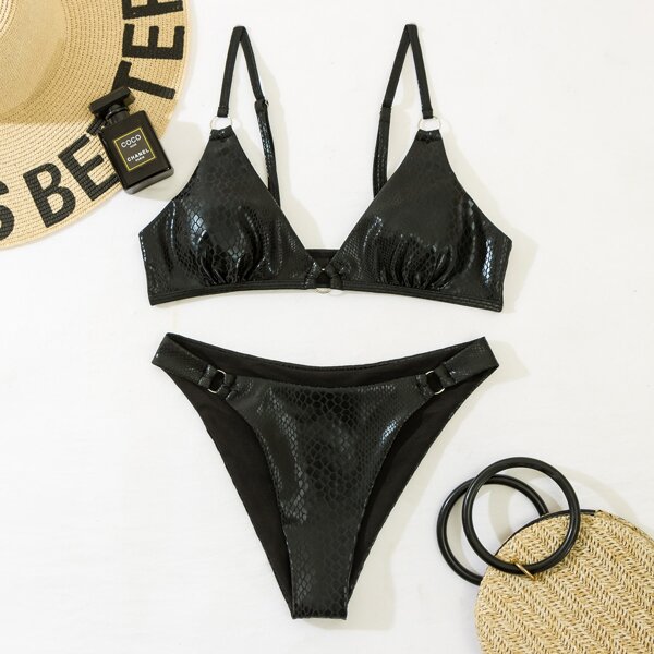 

Snakeskin Metallic Ring Linked Thong Bikini Swimsuit, Black