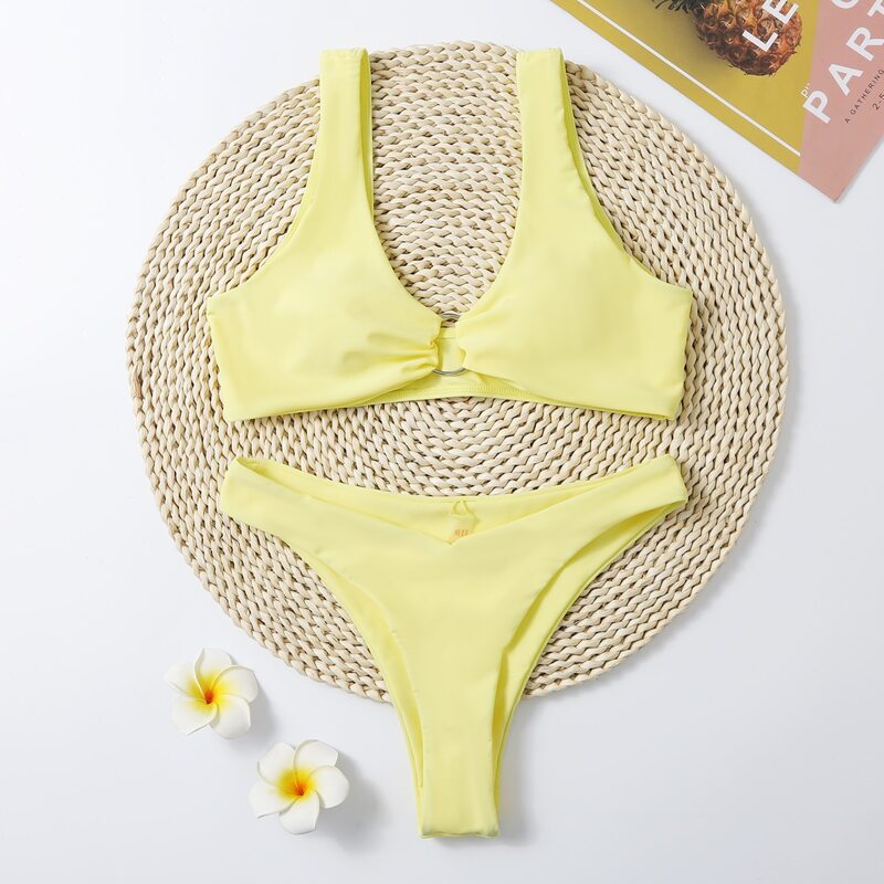 

Plain Ring Decor Bikini Swimsuit, Yellow