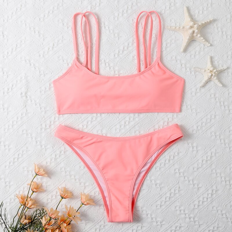 

Solid Double Strap Bikini Swimsuit, Watermelon pink