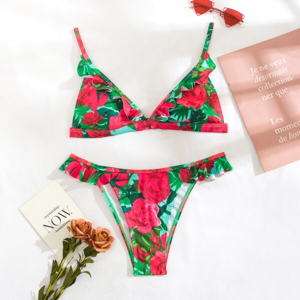 

Floral Ruffle Triangle Thong Bikini Swimsuit, Multicolor